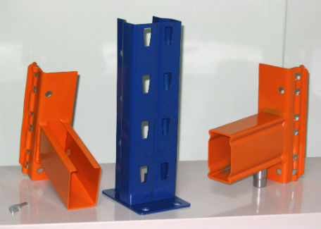 Image of Nutech Racking Components shows the frame in epoxy blue and beams in epoxy orange. 